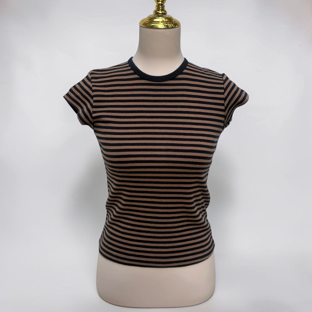 Y2K Brandy Melville Baby Tee XS/S Brown Black Striped Ribbed Cotton Indie Sleaze